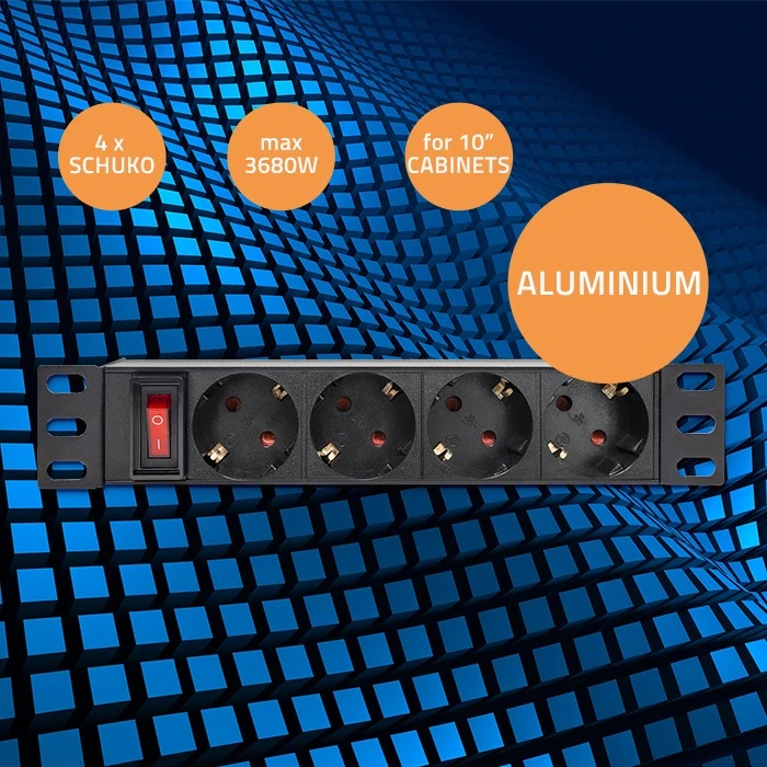 „Qoltec“ aliuminio maitinimo blokas, skirtas RACK 10'' | 1U | 16A | 4xSCHUKO | 1.8m