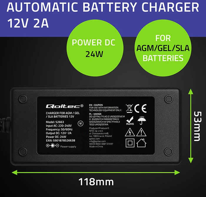 Qoltec automatinis 12V 2A įkroviklis AGM GEL baterijoms su LED ir 1.8m kabeliu