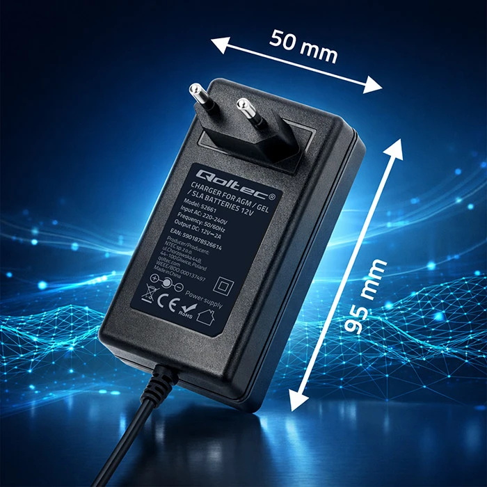 Qoltec Automatinis 12V 2A įkroviklis AGM GEL baterijoms 5.5x2.1 1.8m kabelis