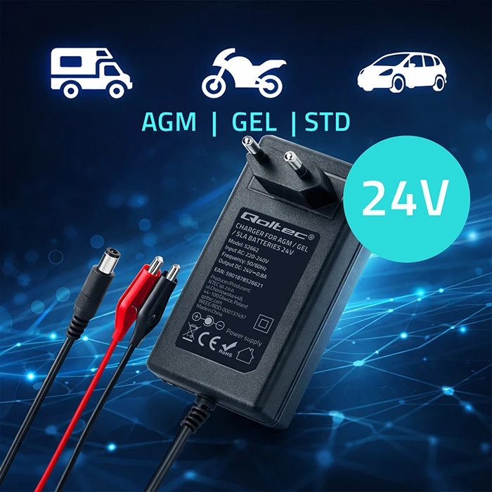 Qoltec Automatinis AGM GEL STD baterijų įkroviklis 24V 19.2W 5.5x2.1 1.8m kabelis