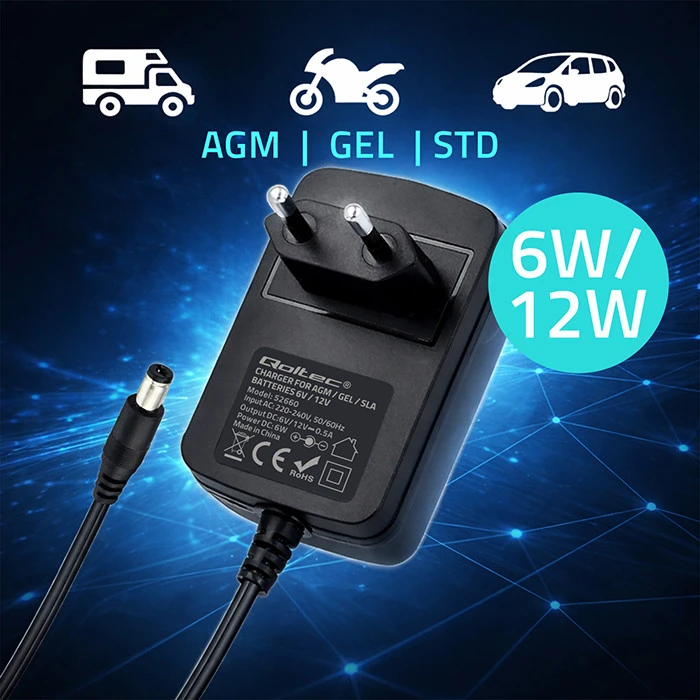 Qoltec Automatinis įkroviklis AGM GEL baterijoms 6V/12V 6W 5.5x2.1 1.8m kabelis