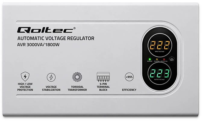 Qoltec automatinis įtampos stabilizatorius AVR 3000VA 1800W kompaktiškas toroidinis transformatorius