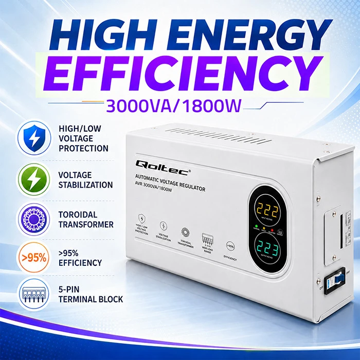 Qoltec automatinis įtampos stabilizatorius AVR 3000VA 1800W kompaktiškas toroidinis transformatorius