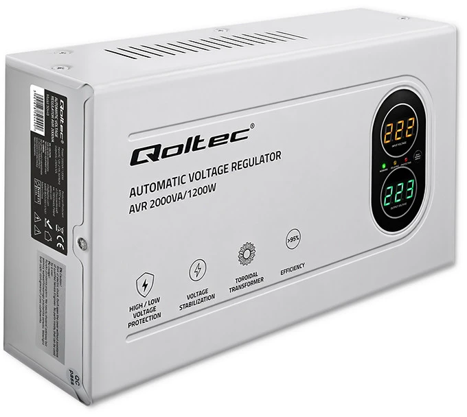 „Qoltec“ automatinis įtampos stabilizatorius AVR 2000VA | 1200W | Kompaktiškas | Toroidinis transformatorius
