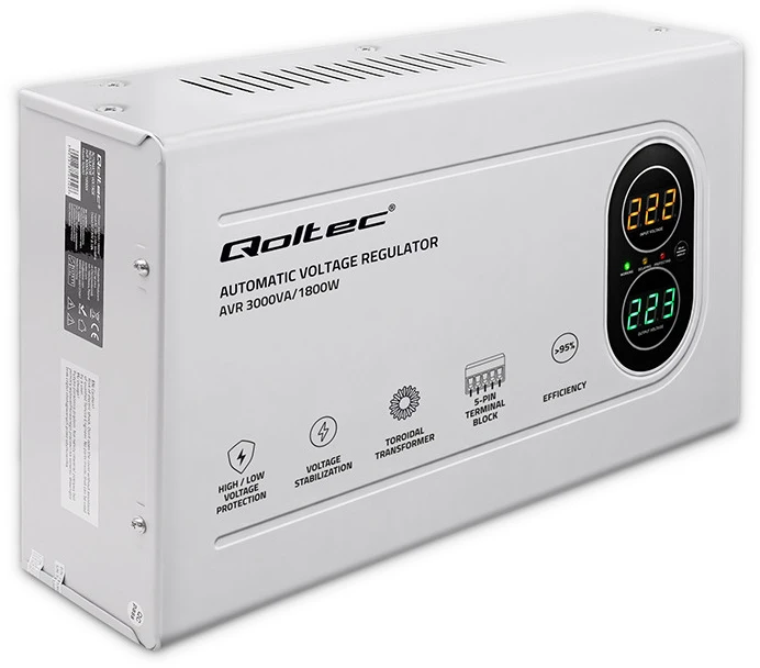 Qoltec automatinis įtampos stabilizatorius AVR 3000VA 1800W kompaktiškas toroidinis transformatorius