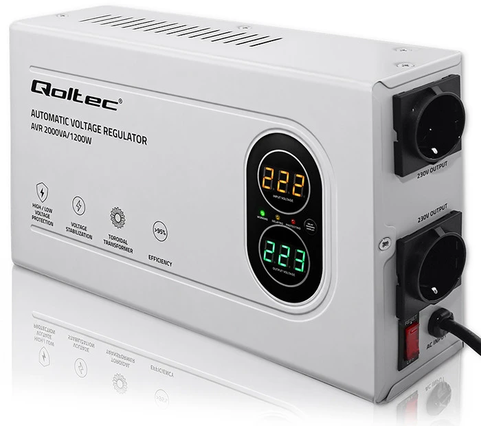 „Qoltec“ automatinis įtampos stabilizatorius AVR 2000VA | 1200W | Kompaktiškas | Toroidinis transformatorius