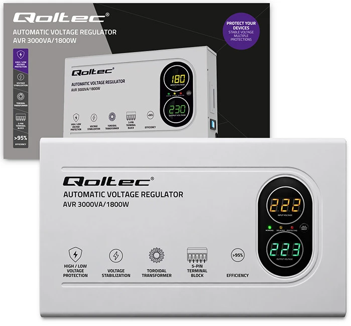 Qoltec automatinis įtampos stabilizatorius AVR 3000VA 1800W kompaktiškas toroidinis transformatorius