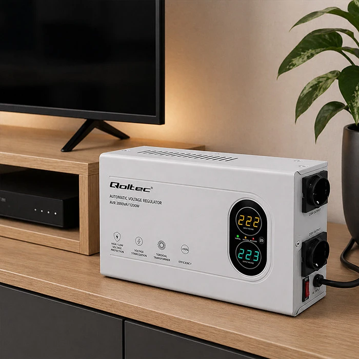 „Qoltec“ automatinis įtampos stabilizatorius AVR 2000VA | 1200W | Kompaktiškas | Toroidinis transformatorius