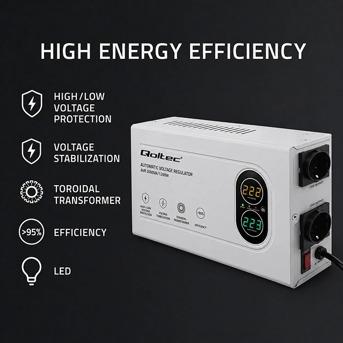 „Qoltec“ automatinis įtampos stabilizatorius AVR 2000VA | 1200W | Kompaktiškas | Toroidinis transformatorius