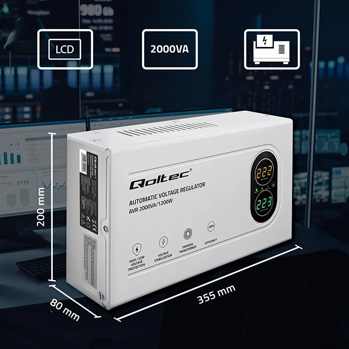 „Qoltec“ automatinis įtampos stabilizatorius AVR 2000VA | 1200W | Kompaktiškas | Toroidinis transformatorius