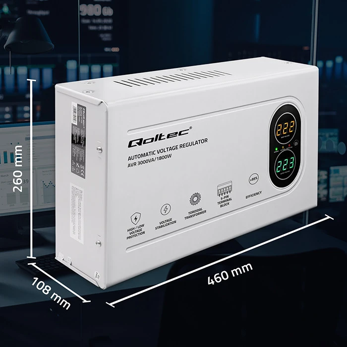 Qoltec automatinis įtampos stabilizatorius AVR 3000VA 1800W kompaktiškas toroidinis transformatorius