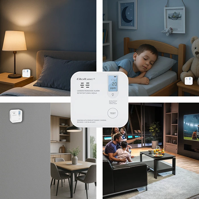 Qoltec 52577 belaidis anglies monoksido (CO) jutiklis su baterija | jutiklio tarnavimo laikas 10 metų | signalizacija 85dB | LED
