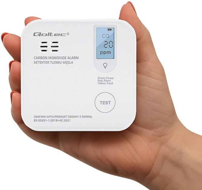 Qoltec 52577 belaidis anglies monoksido (CO) jutiklis su baterija | jutiklio tarnavimo laikas 10 metų | signalizacija 85dB | LED