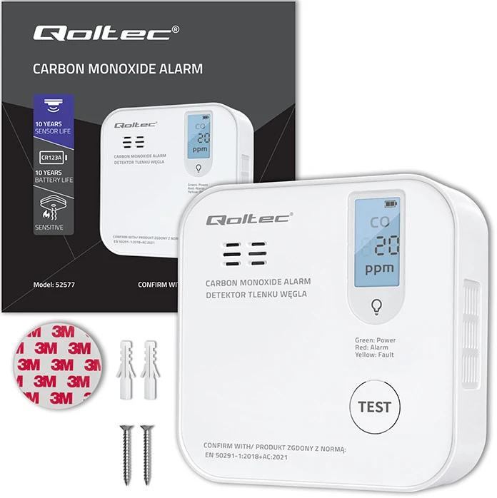Qoltec 52577 belaidis anglies monoksido (CO) jutiklis su baterija | jutiklio tarnavimo laikas 10 metų | signalizacija 85dB | LED