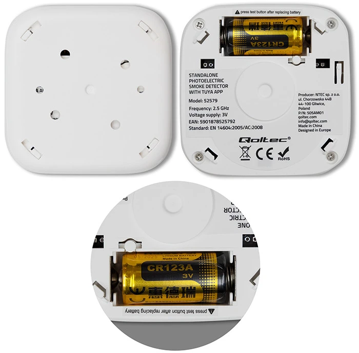 Qoltec 52579 belaidis dūmų detektorius su baterija | Tuya | Wi-Fi | jutiklio tarnavimo laikas 10 metų | signalizacija 85dB | LED