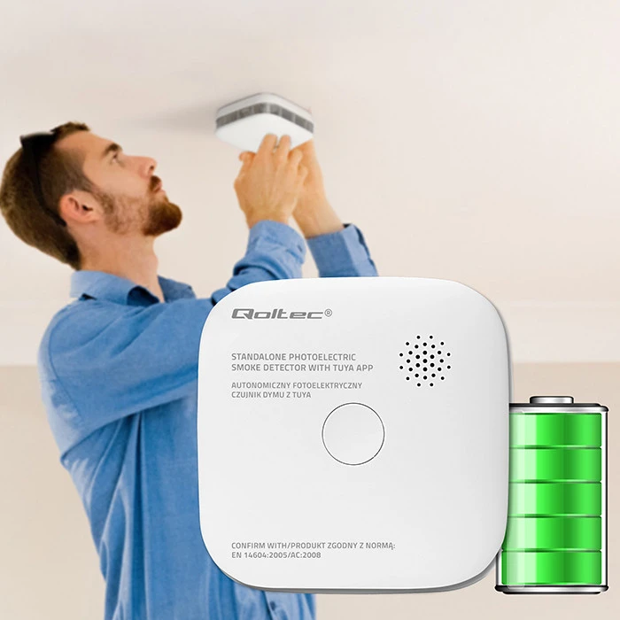 Qoltec 52579 belaidis dūmų detektorius su baterija | Tuya | Wi-Fi | jutiklio tarnavimo laikas 10 metų | signalizacija 85dB | LED