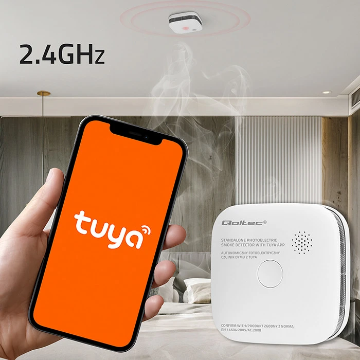 Qoltec 52579 belaidis dūmų detektorius su baterija | Tuya | Wi-Fi | jutiklio tarnavimo laikas 10 metų | signalizacija 85dB | LED