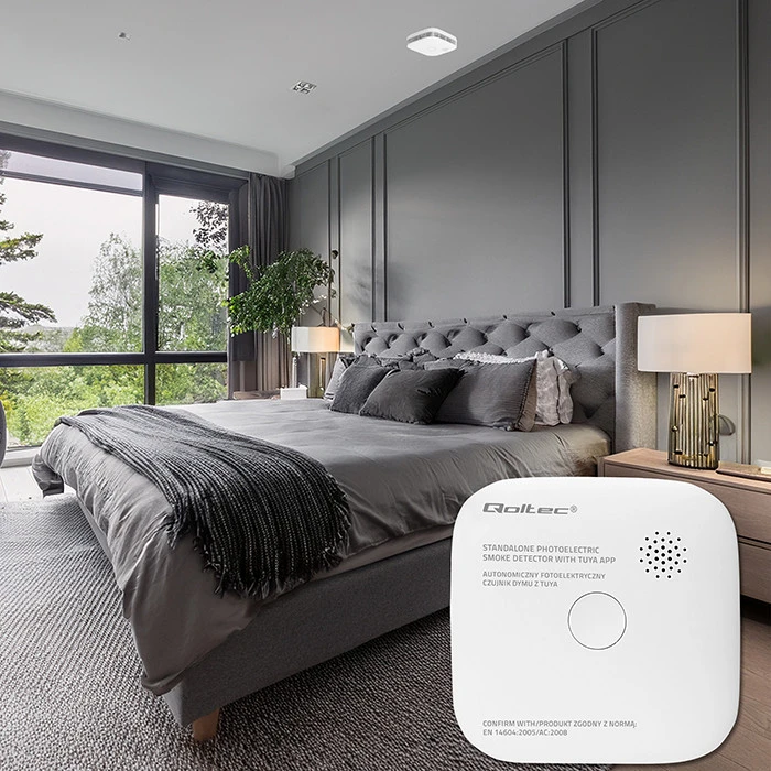 Qoltec 52579 belaidis dūmų detektorius su baterija | Tuya | Wi-Fi | jutiklio tarnavimo laikas 10 metų | signalizacija 85dB | LED