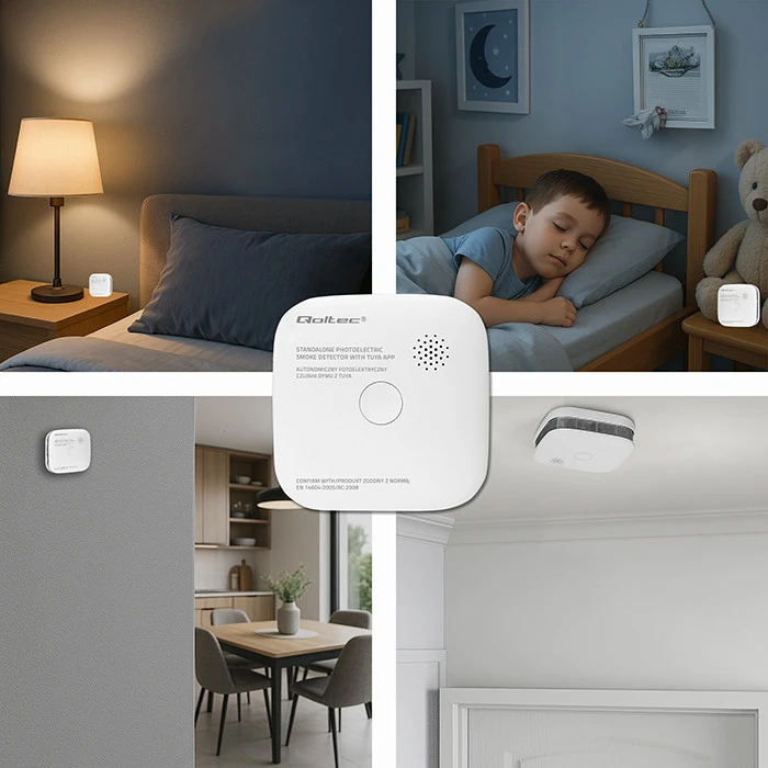 Qoltec 52579 belaidis dūmų detektorius su baterija | Tuya | Wi-Fi | jutiklio tarnavimo laikas 10 metų | signalizacija 85dB | LED