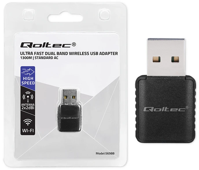 Qoltec 56988 Wireless Itin greitas DUAL mini WiFi adapteris 2 x 2dBi AC standartas | USB 3.0 | 1300 Mbps