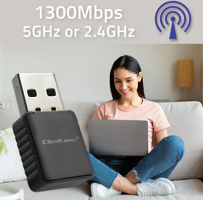 Qoltec 56988 Wireless Itin greitas DUAL mini WiFi adapteris 2 x 2dBi AC standartas | USB 3.0 | 1300 Mbps