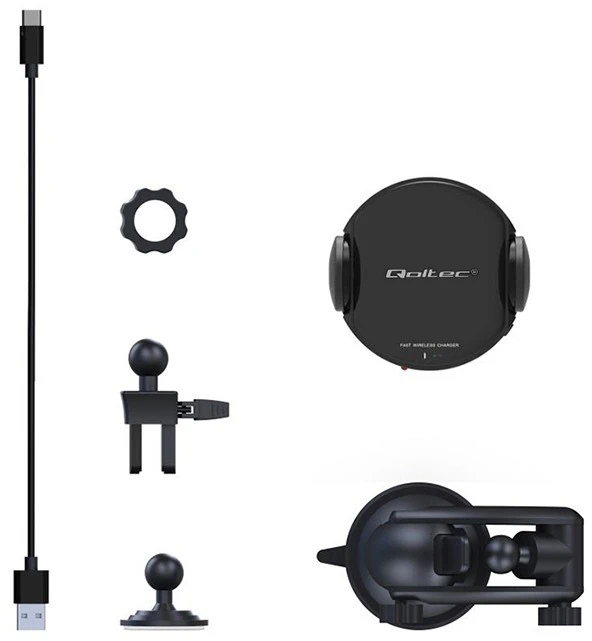 QOLTEC 51219 Indukcinis automobilinis įkroviklis Pro su automobiliniu laikikliu iR 15W QC3.0 USB C
