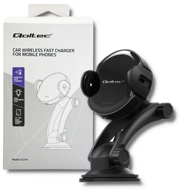 QOLTEC 51219 Indukcinis automobilinis įkroviklis Pro su automobiliniu laikikliu iR 15W QC3.0 USB C