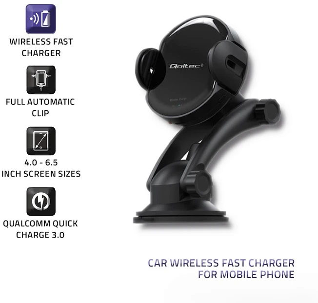 QOLTEC 51219 Indukcinis automobilinis įkroviklis Pro su automobiliniu laikikliu iR 15W QC3.0 USB C