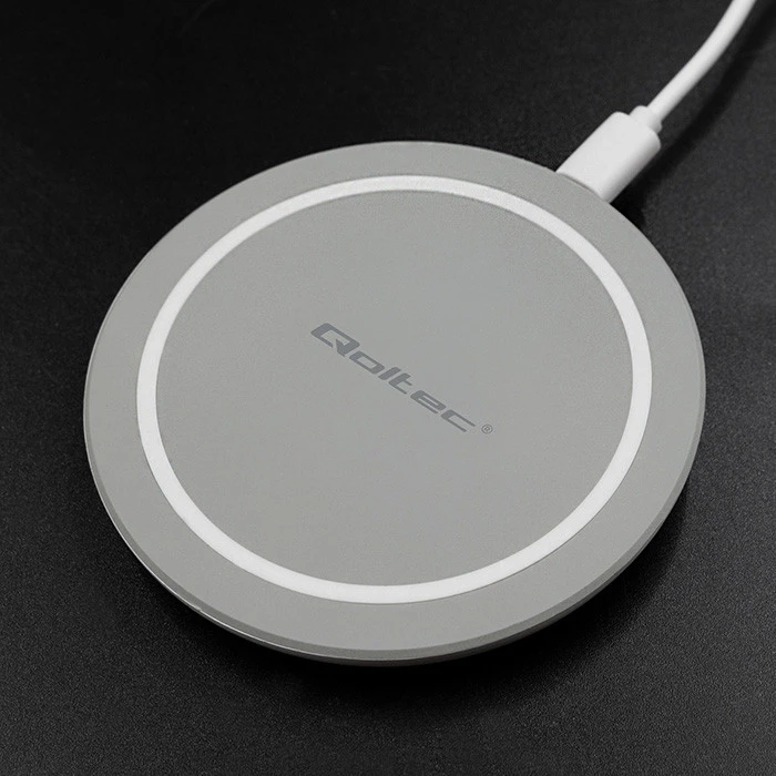 QOLTEC 51840 indukcinio belaidžio įkroviklio žiedas Qualcomm QuickCharge 3.0 10W pilkas