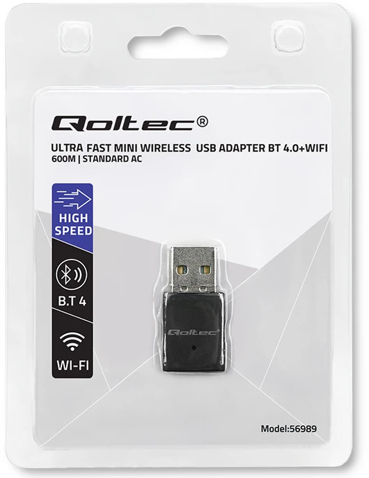 Qoltec 56989 belaidis mini WiFi adapteris | AC standartas | BT 4.0 | USB 2.0 | 600 Mbps