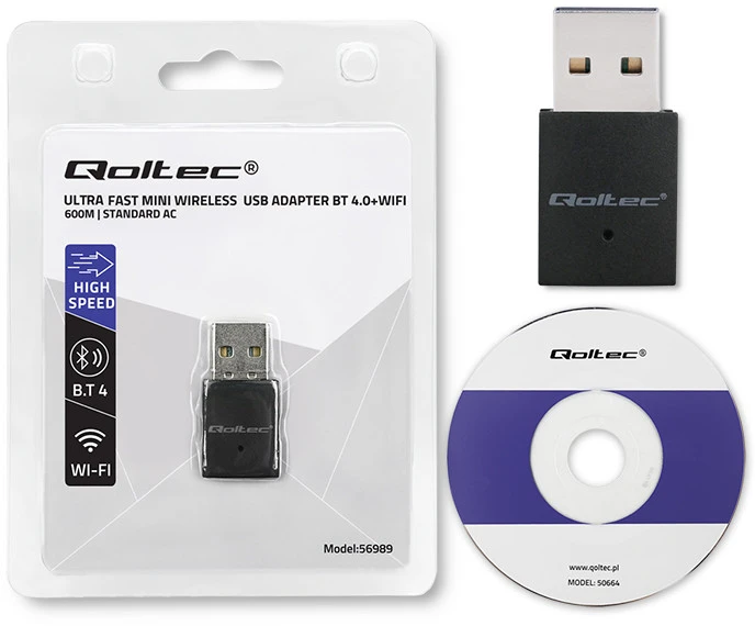 Qoltec 56989 belaidis mini WiFi adapteris | AC standartas | BT 4.0 | USB 2.0 | 600 Mbps