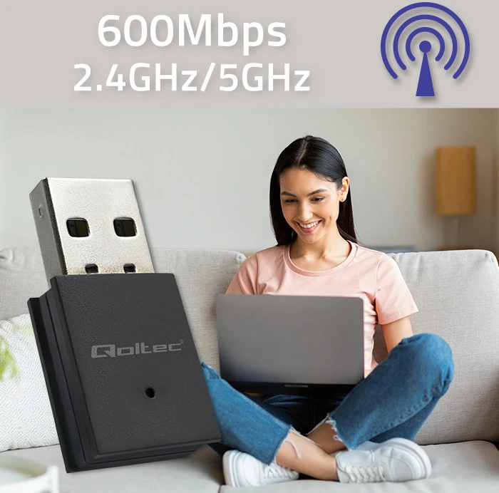 Qoltec 56989 belaidis mini WiFi adapteris | AC standartas | BT 4.0 | USB 2.0 | 600 Mbps