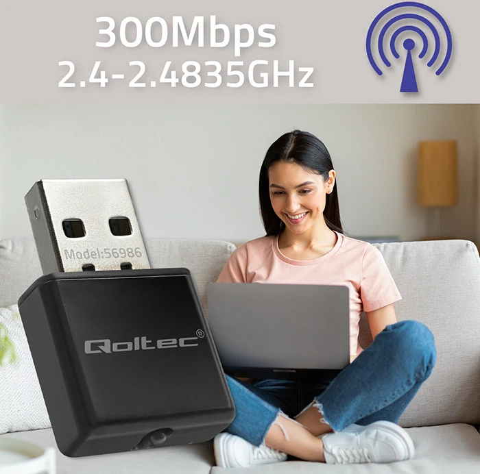 Qoltec 56986 Adapteris NANO WiFi |Standartinis N | USB2.0 | 300 Mbps