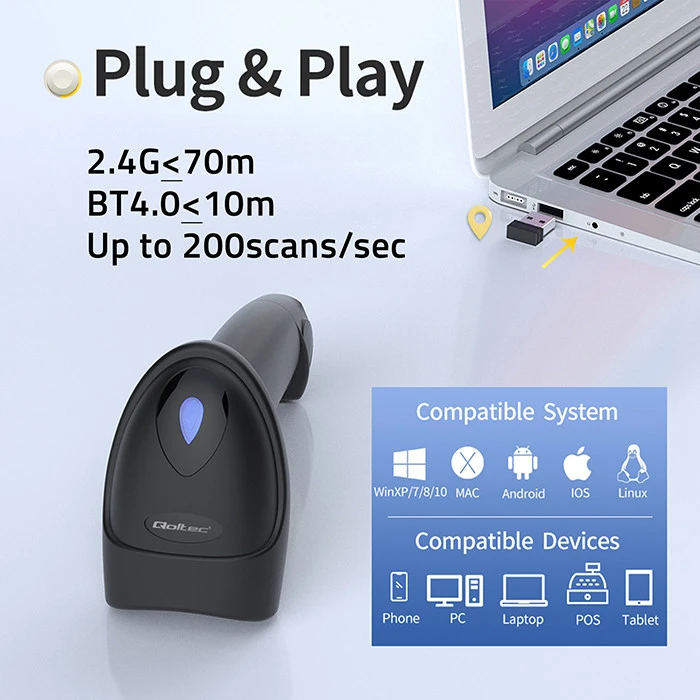 „Qoltec“ brūkšninių kodų ir QR kodų skaitytuvas | 1D 2D | USB | „Bluetooth“