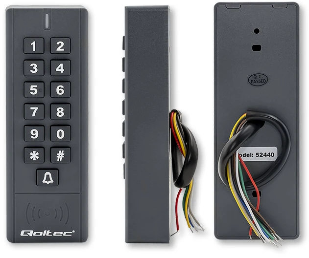 QOLTEC 52440 Kodinė spyna CALISTO su RFID skaitytuvu Kodų kortelės rakto pakabukas Durų skambučio mygtukas IP68 EM