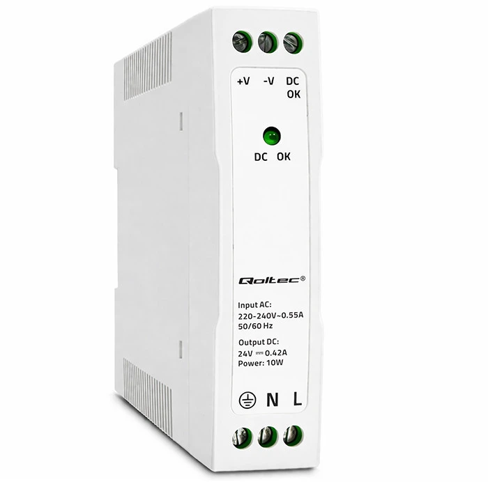 QOLTEC 50907 DIN bėgio maitinimo šaltinis 10W 24V 0.42A Baltas Slim