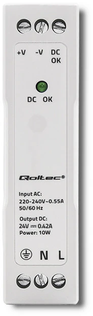QOLTEC 50907 DIN bėgio maitinimo šaltinis 10W 24V 0.42A Baltas Slim