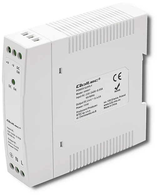 QOLTEC 50907 DIN bėgio maitinimo šaltinis 10W 24V 0.42A Baltas Slim