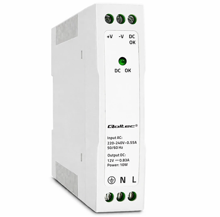 Maitinimo šaltinis skirtas bėgiui din 10 W 12 V 083 A baltas plonas Qoltec