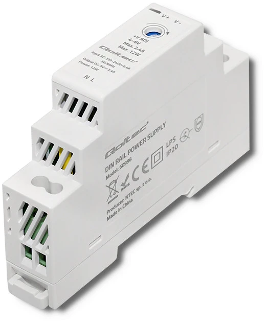 QOLTEC 50996 maitinimo šaltinis, montuojamas ant DIN bėgelio, 12 W, 5 V, 2,4 A