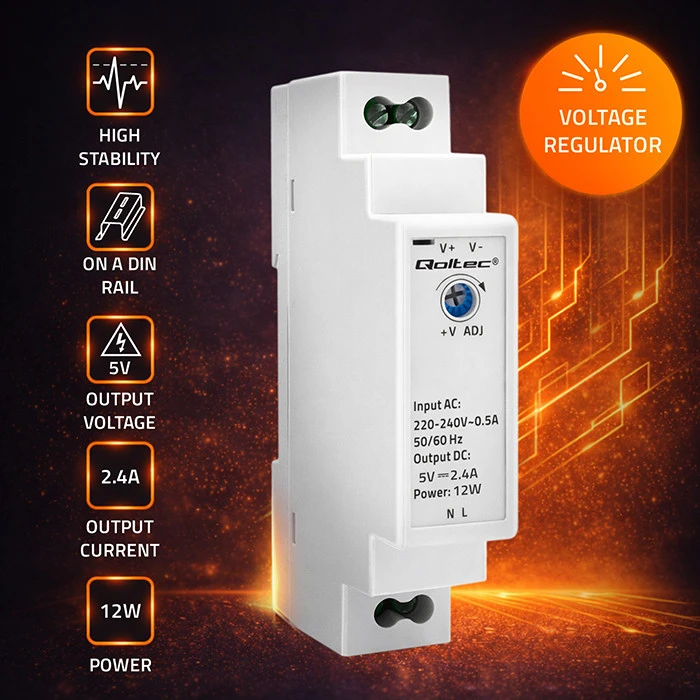 QOLTEC 50996 maitinimo šaltinis, montuojamas ant DIN bėgelio, 12 W, 5 V, 2,4 A