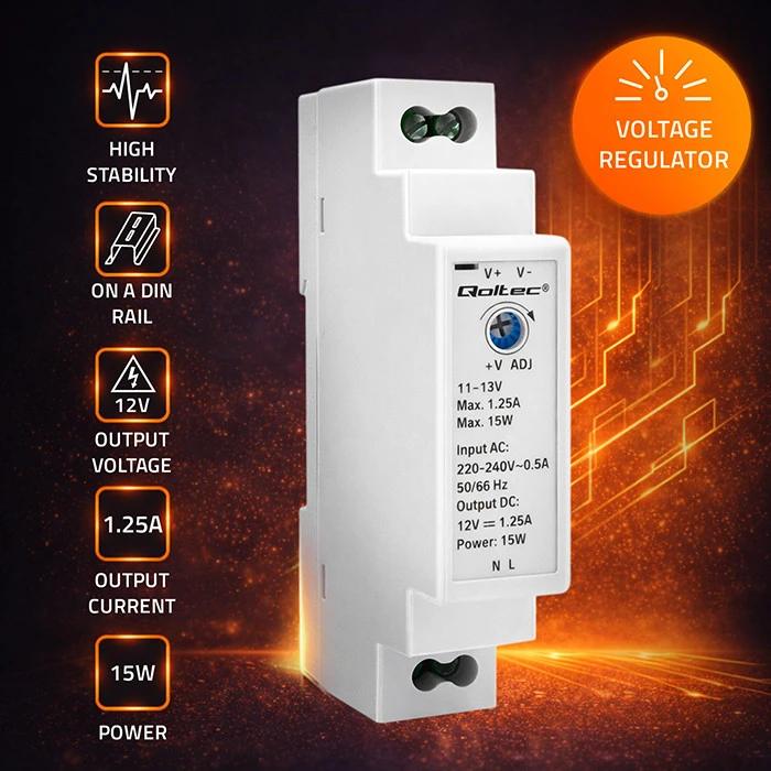 QOLTEC 50916 DIN bėgio maitinimo šaltinis 15W 12V 1.25A Pilka