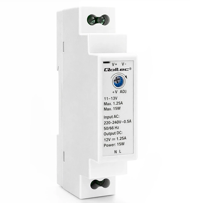 QOLTEC 50916 DIN bėgio maitinimo šaltinis 15W 12V 1.25A Pilka