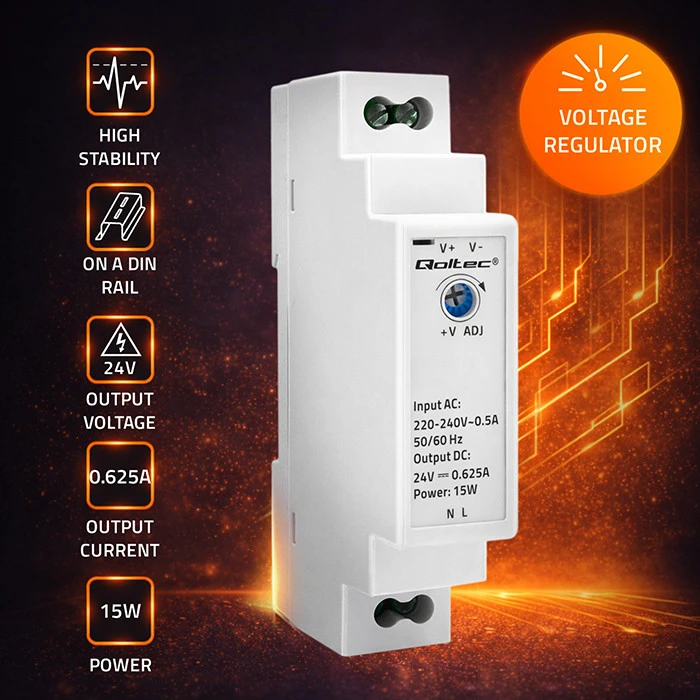 QOLTEC 50917 DIN bėgio maitinimo šaltinis 15W 24V 0.625A Pilka