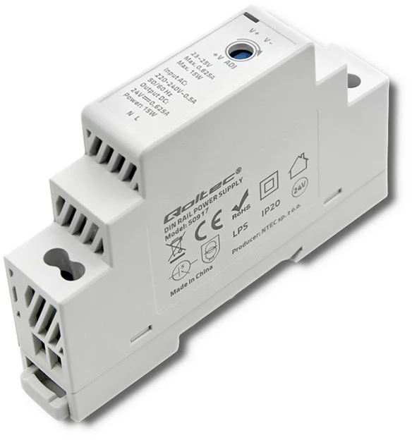 QOLTEC 50917 DIN bėgio maitinimo šaltinis 15W 24V 0.625A Pilka