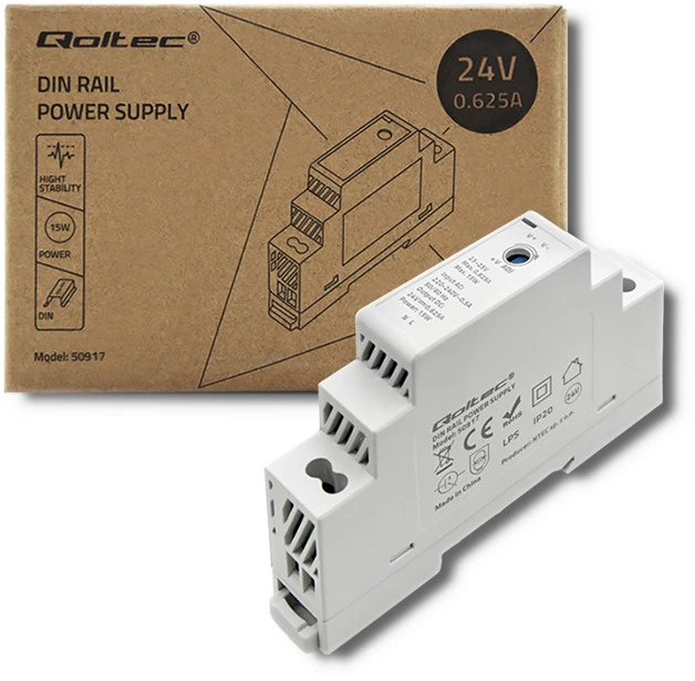 QOLTEC 50917 DIN bėgio maitinimo šaltinis 15W 24V 0.625A Pilka