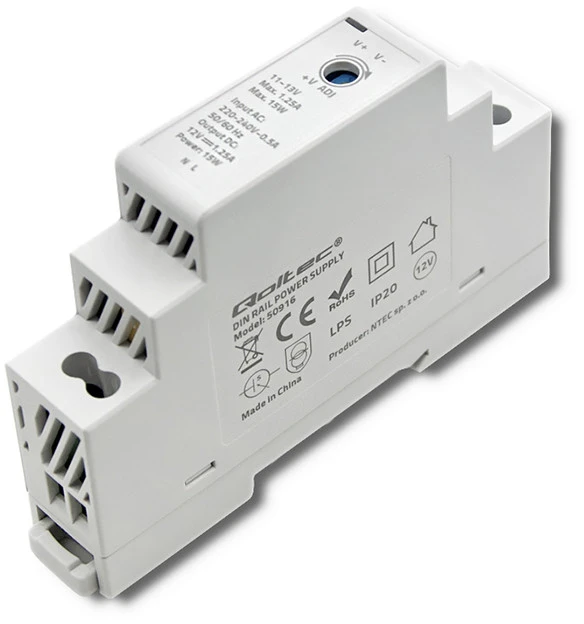 QOLTEC 50916 DIN bėgio maitinimo šaltinis 15W 12V 1.25A Pilka