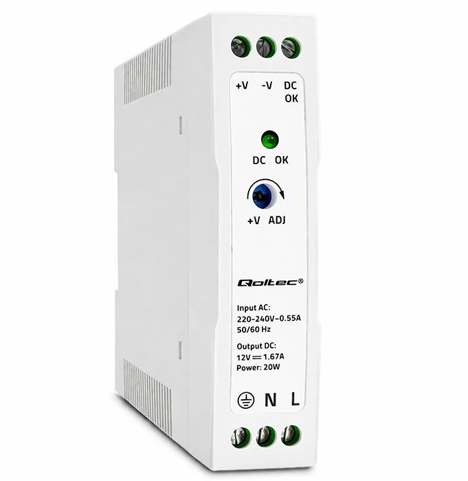 Qoltec DIN bėgelio maitinimo šaltinis 20W 12V 1.67A baltas plonas