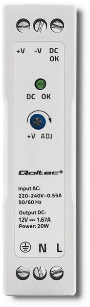 Qoltec DIN bėgelio maitinimo šaltinis 20W 12V 1.67A baltas plonas