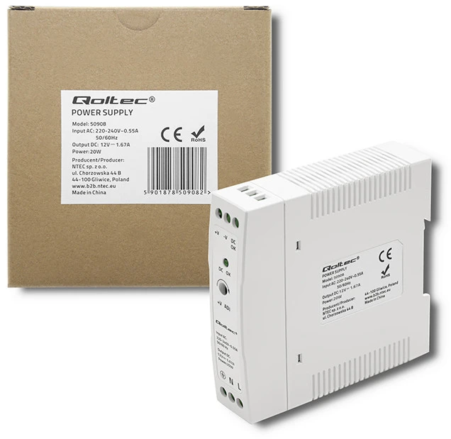 Qoltec DIN bėgelio maitinimo šaltinis 20W 12V 1.67A baltas plonas